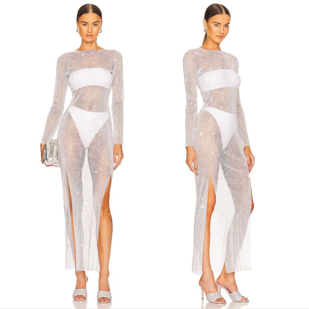 NEW Santa Brands Diamond Maxi Dress in White Silver Crystal Mesh Coverup Gown